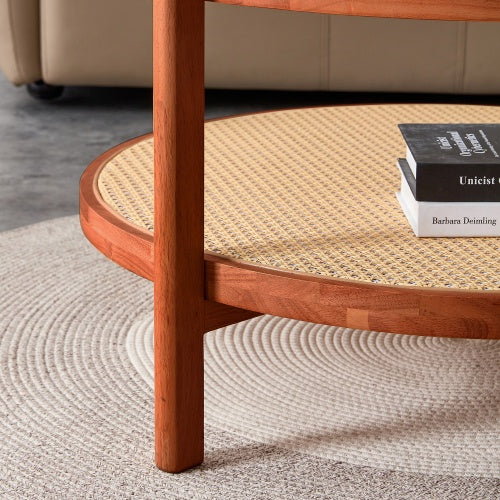 Circular Double Layer Solid Wood and Rattan Coffee Table
