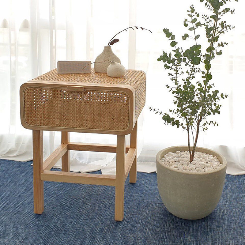 Retro Rattan Solid Wood Bedside Table