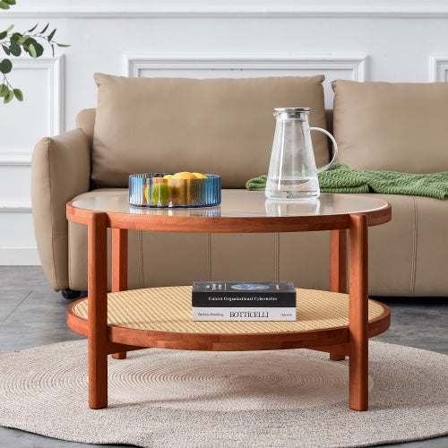 Circular Double Layer Solid Wood and Rattan Coffee Table