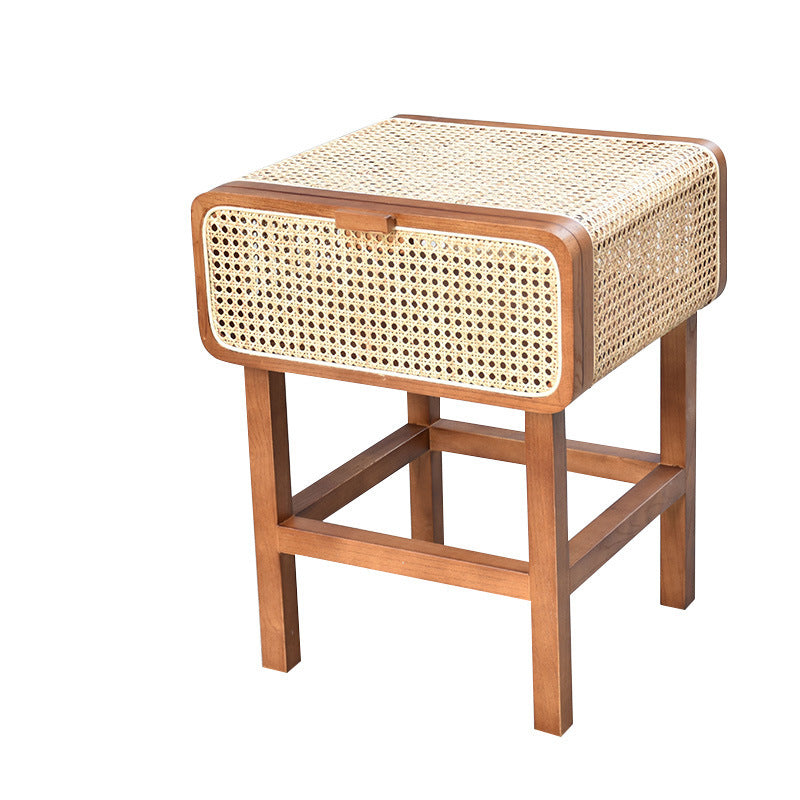 Retro Rattan Solid Wood Bedside Table