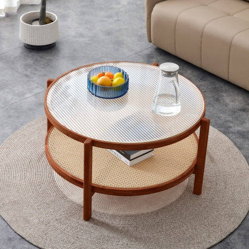 Circular Double Layer Solid Wood and Rattan Coffee Table