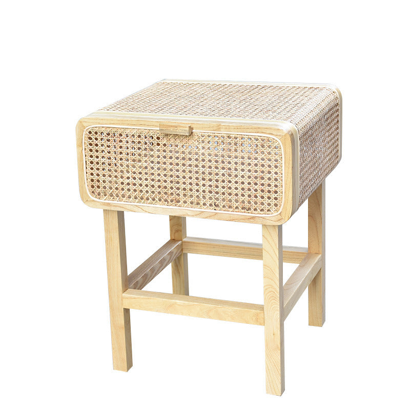 Retro Rattan Solid Wood Bedside Table