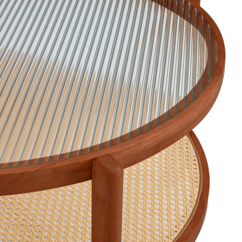 Circular Double Layer Solid Wood and Rattan Coffee Table