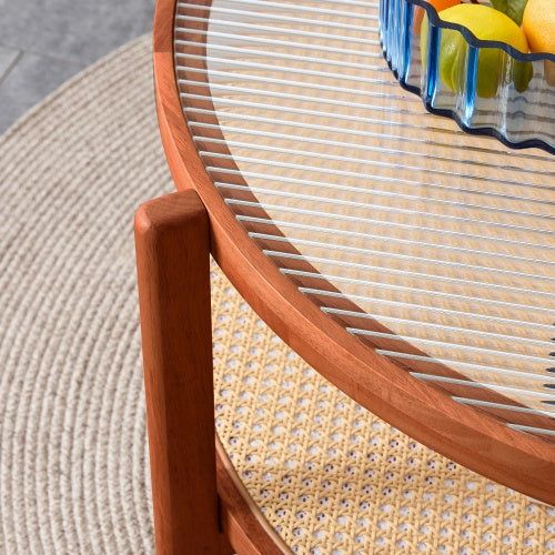 Circular Double Layer Solid Wood and Rattan Coffee Table