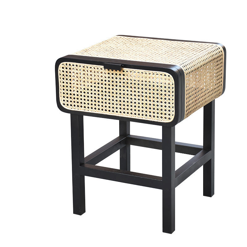 Retro Rattan Solid Wood Bedside Table