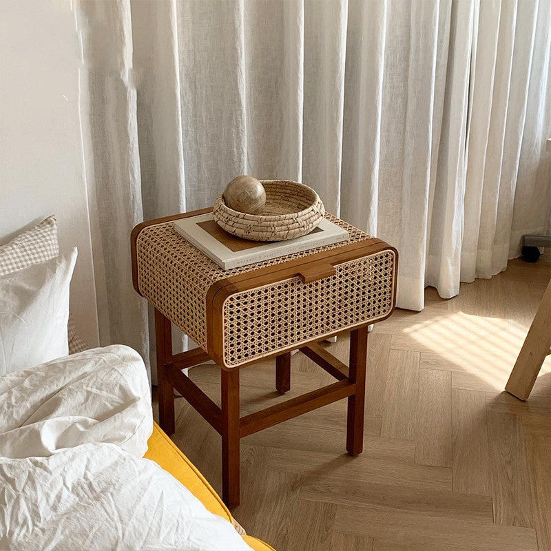 Retro Rattan Solid Wood Bedside Table